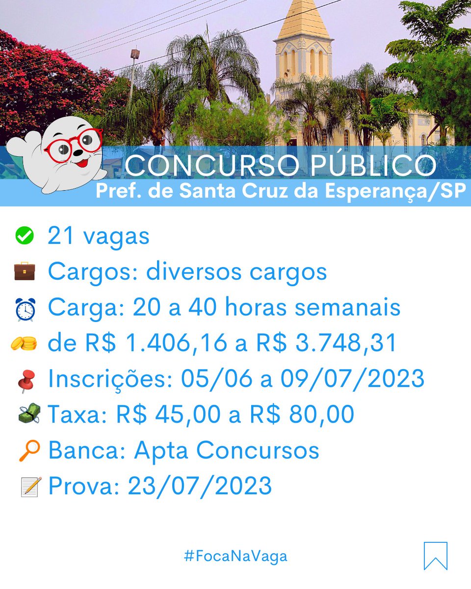 focanavaga's tweet photo. 📢 Prefeitura de Santa Cruz da Esperança/SP
✅ 21 vagas
💼 Cargos: diversos
⏰ Carga horária: 20 a 40 horas semanais
🤑 de R$ 1.406,16 a R$ 3.748,31
📌 Inscrições: 05/06 a 09/07/23
💸 Taxa de inscrição: R$ 45,00 a R$ 80,00
🔎 Banca: Apta Concursos
📝 Prova: 23/07/23

#focanavaga https://t.co/bXsa4MsnoD