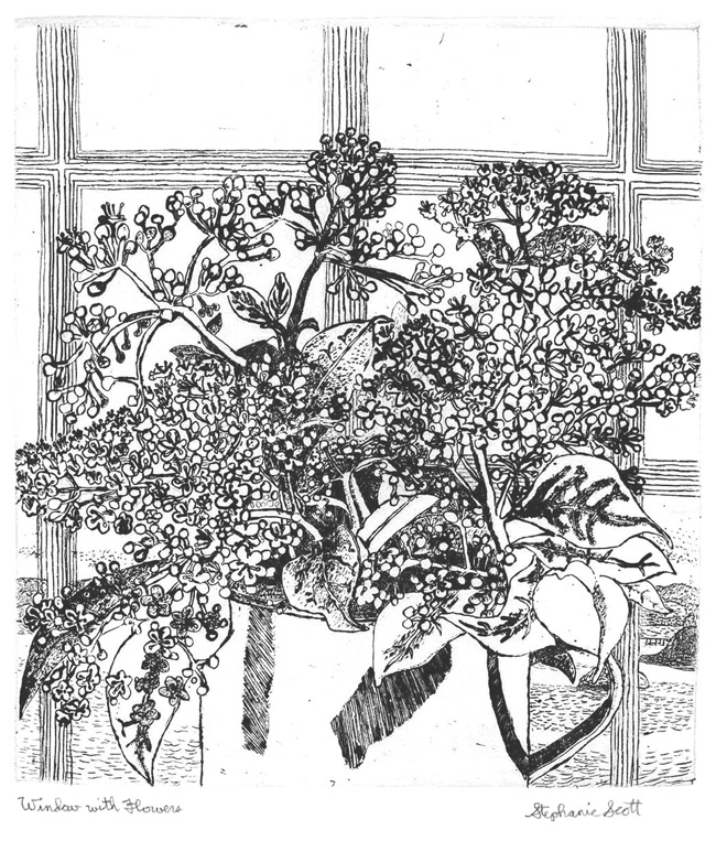 Details abound for flower lovers in Stephanie Scott's etching, 'Window with Flowers.' Capturing an everyday scene and making it extraordinary!

#flowers #floral #etching #ink #paper #artonpaper #artgallery #galleryart #wallart #homedecor #blackandwhite #detail #details