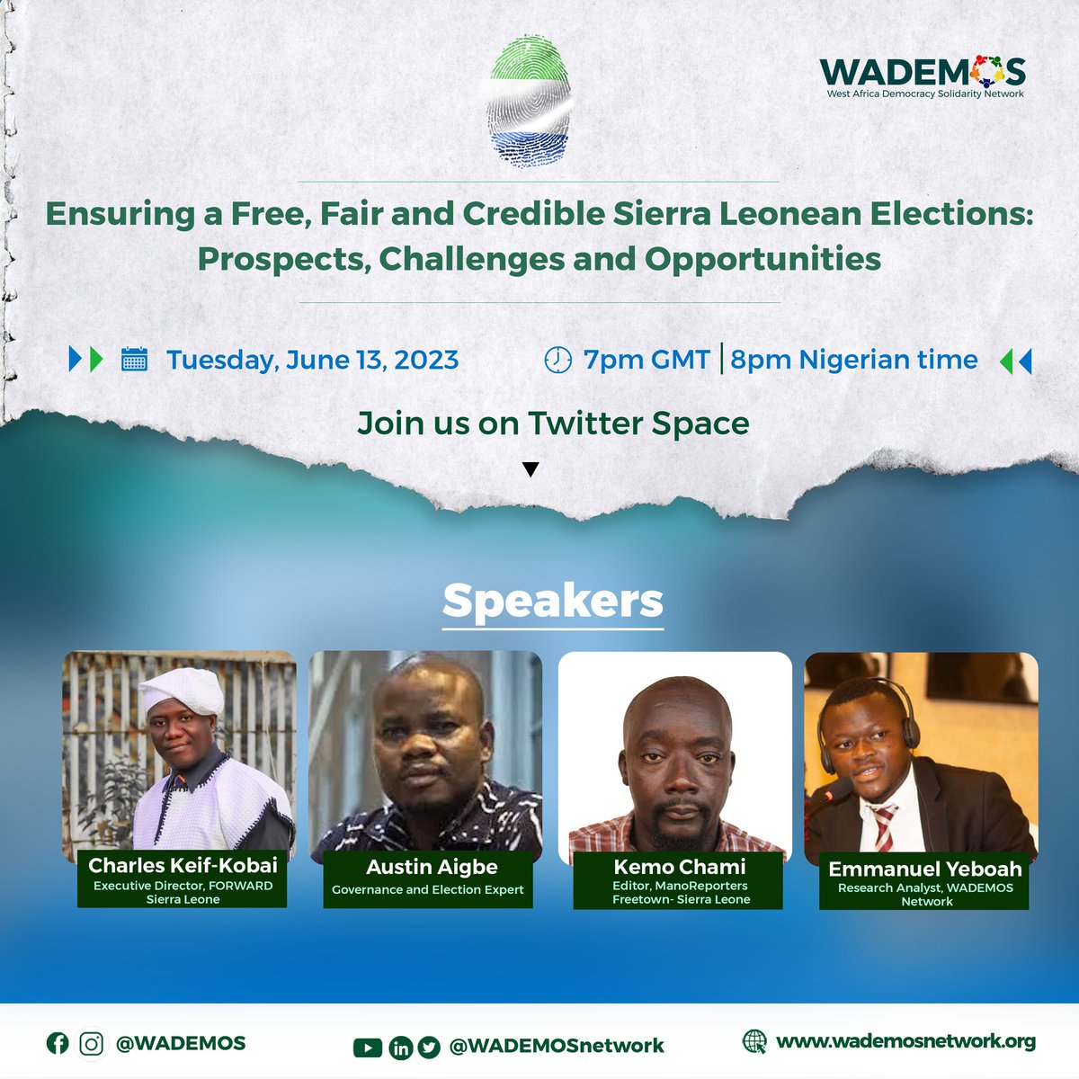 Democracy in West Africa faces yet another test with the upcoming elections in Sierra Leone, set for June 24. Join us on Tuesday, June 13, for a Twitter Space conversation as we place the spotlight on the Sierra Leonean election- x.com/i/spaces/1eakb… #SolidarityForDemocracy