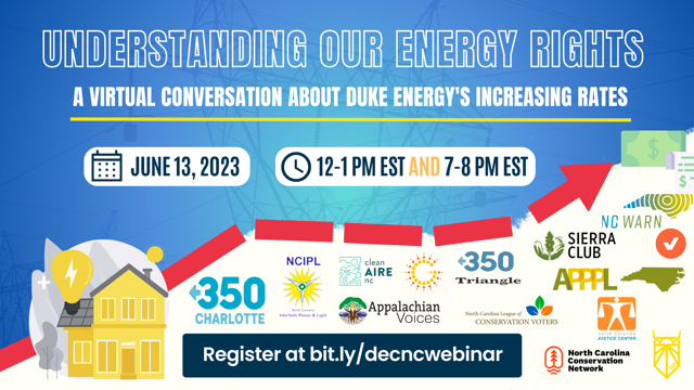 Energy bills are rising AGAIN! 

Join People Power NC for a virtual conversation about Duke Energy Carolinas' plan, upcoming public hearings, &amp; how you can most effectively raise your concerns. Register at bit.ly/decncwebinar