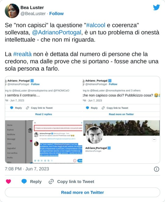 MiriamGergo's tweet photo. @AdrianoPortogal @BeaLuster @nonsolopierina @FNOMCeO @LaVeritaWeb @madforfree Nel caso ti fosse perso qualcosa, @AdrianoPortogal, fornisco io il riassunto della questione "#alcool #medicina #coerenza" sollevato da @BeaLuster 

#alcool #droga @nonsolopierina #buonaserata 

https://t.co/z9BSoUMIn6

https://t.co/usEOC91i00

https://t.co/PGblM3aw3m https://t.co/at6du4pMl8
