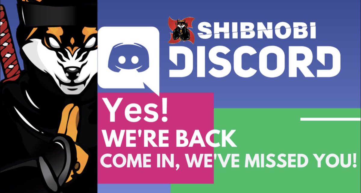 Shibnobi Fam!!

We’re Back everyone 🥳
Please join our Discord server

discord.gg/Bjv9QYXW

🚨We are having Shibnobi AMA live in Discord Friday 6pm EST we will see you guys soon. 
#Shibnobi #Boom #ShibnobiCommunity 
#ShibnobiDAO