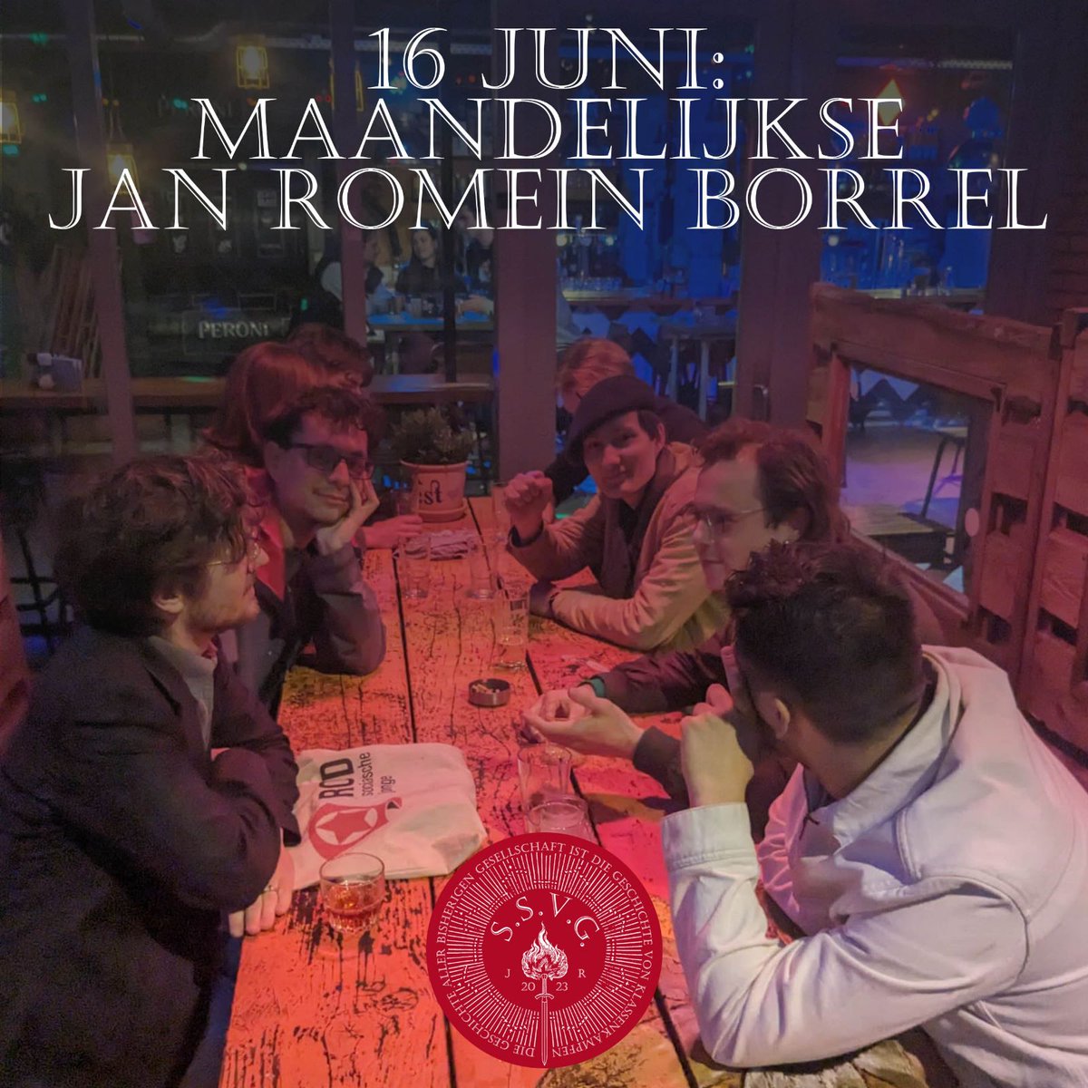Het academische jaar zit er alweer bijna op. Vandaar dat we de 16e in goed gezelschap een drankje zullen delen om het jaar goed af te sluiten. Kameraden van ‘Jan Romein’ zijn welkom in café Fest te Amsterdam vanaf 20:00. Zien we je daar? Neem gerust vrienden en steunbetuigers mee