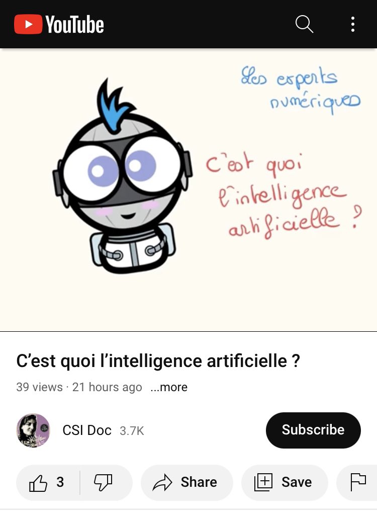 Laprofdoc_rock's tweet photo. C’est quoi l’intelligence artificielle ? Un nouvel épisode des #expertsnumeriques sur la chaîne #csidoc #educmedias #ia #petitsexperts #petitsbonheursdeprofdoc https://t.co/hJhugjRSNi https://t.co/gPIIwZgFYt
