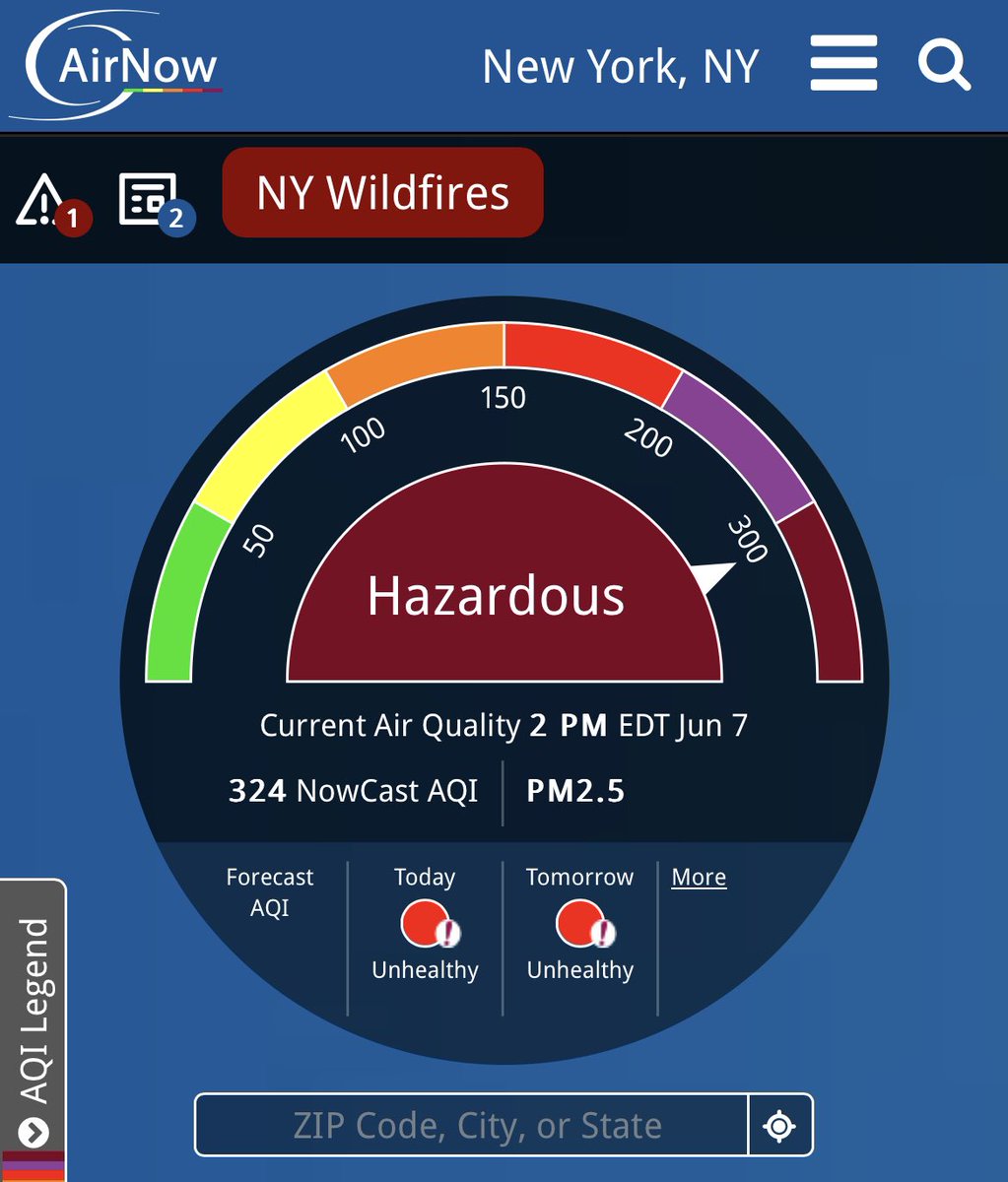 Air Quality Index in NYC is now up to 324. We are at the highest level of health risk, considered “hazardous”. ** NYC Health Dept advises that NYers stay indoors if possible, and use a high-quality mask if you need to be outside **