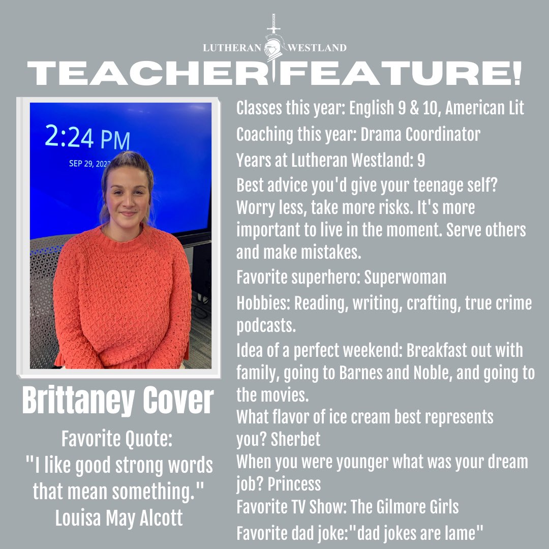 📚📖 Get to know the High School Teacher of the Year, Mrs. Brittaney Cover! She was awarded this honor by the Michigan District, LCMS. We’re blessed to have her!

#GoWarriors⚔️