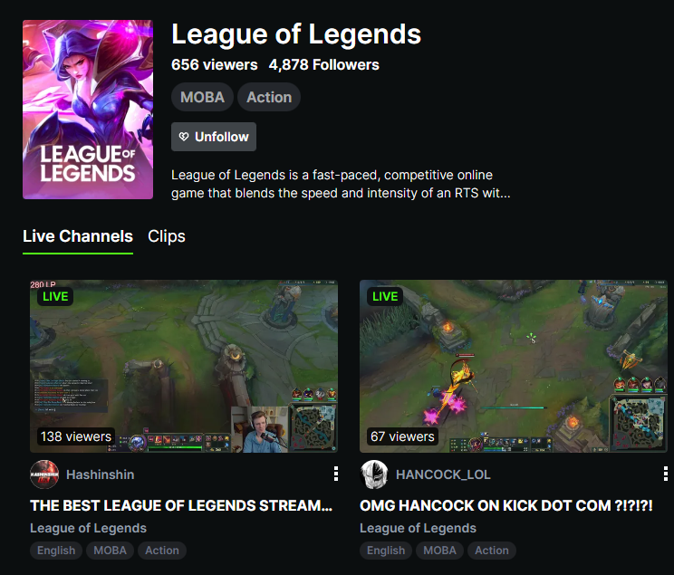 lets see how the kick league of legends category is doing