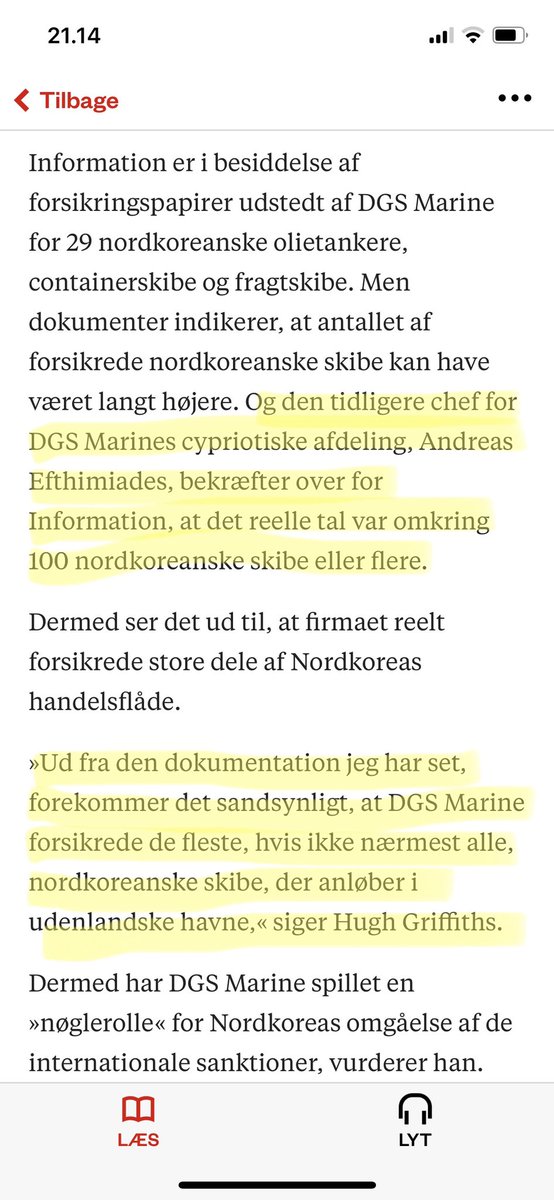 Forsikringsselskabet DGS Marine har ifølge en tidligere ledende medarbejder forsikret omkring 100 nordkoreanske skibe eller flere.

I så fald har virksomheden forsikret stort set hele den nordkoreanske handelsflåde. 

Læs første artikel her:

information.dk/indland/2023/0…
