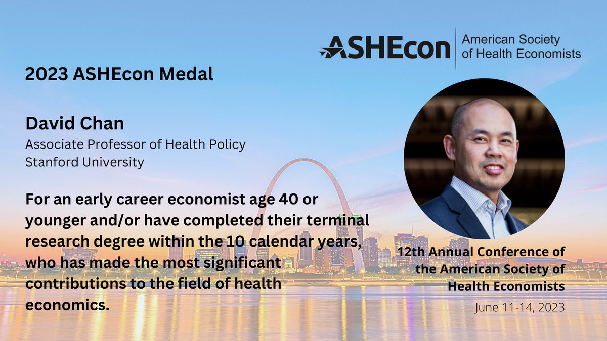 ashecon's tweet photo. Congratulations to David Chan @StanfordHP, recipient of the 2023 @ashecon Medal for an economist age 40 or younger and/or have completed their terminal research degree within the 10 calendar years, who has made the most significant contributions to the field of health economics. https://t.co/dj7PZJAnsc