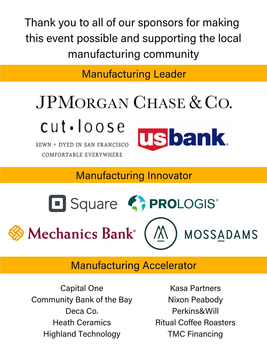 sfmade's tweet image. Thank you to our sponsors for making SFMade Here/Now '23 possible and supporting the local manufacturing community! We can't wait to celebrate with you.