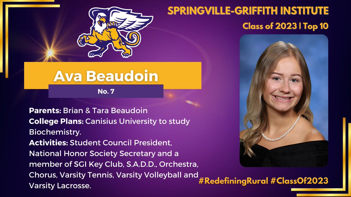 SpringvilleGrif's tweet photo. We are counting down to graduation! We continue our celebration of the SGI Class of 2023 Top 10 with No. 7, Ava Beaudoin, daughter of Brian and Tara Beaudoin. Ava will attend Canisius University to study Biochemistry.
#RedefiningRural #SGIStrong #ClassOf2023 https://t.co/DeTz00QQjx