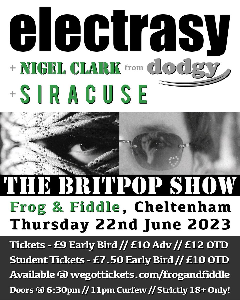 siracusemusic's tweet photo. 📣📣Pleased as punch to announce our first hometown show in sometime will be on June 22nd at @FrogAndFiddle in Cheltenham supporting @electrasy and Nigel Clark from @DodgyUK 💥💥 TICKETS below : 

https://t.co/4xEZDREZoJ

#britpop  #dodgy #electrasy #nigelclark @jeremypopscene https://t.co/7egt5zlOj1