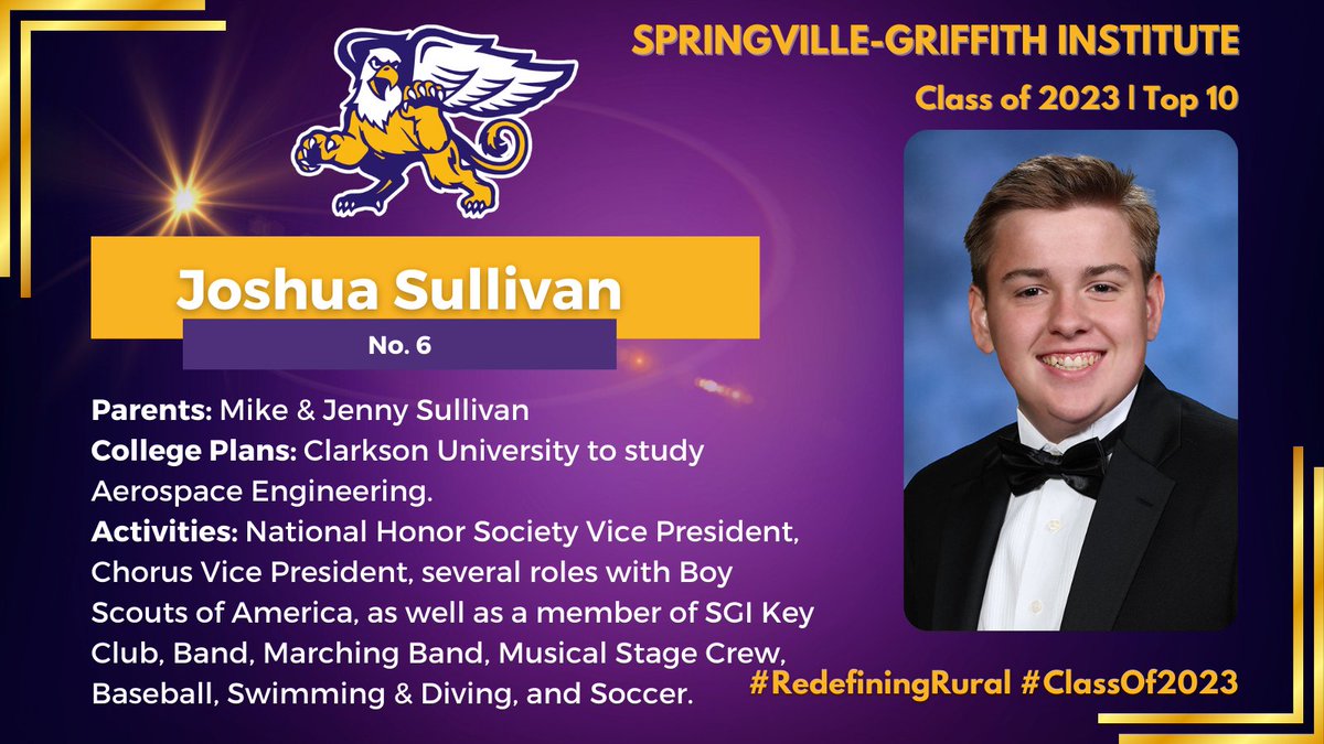 SpringvilleGrif's tweet photo. We are counting down to graduation! We continue our celebration of the SGI Class of 2023 Top 10 with No. 6, Joshua Sullivan, son of Mike and Jenny Sullivan. Joshua will attend Clarkson University for Aerospace Engineering.
#RedefiningRural #SGIStrong #ClassOf2023 https://t.co/e1UYms2bNp