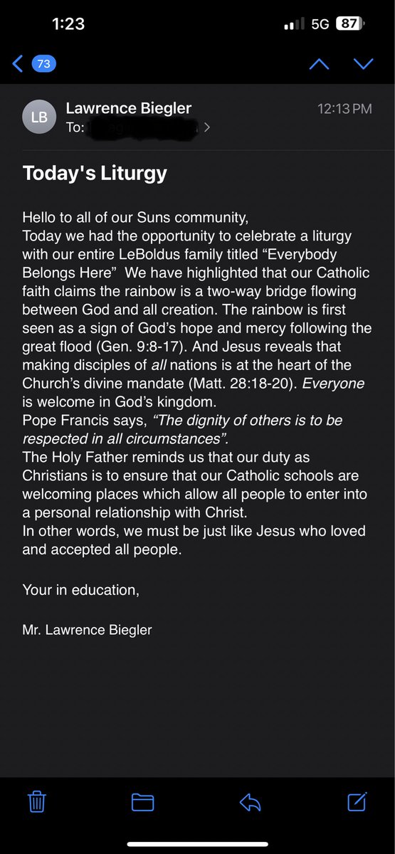 An encouraging and welcome email from the Principal of Leboldus Catholic High School in Regina.

#yqr #LGBTQIA #loveislove