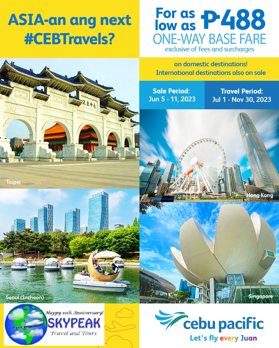 Cebu Pacific @CebuPacificAir Domestic & International Flights SeatSale @ #Skypeak Travel&Tours visit our fb 4 details facebook.com/skypeaktravela… #CEBSeatSale #CEBSuperSeatFest #CEBSuperPass #EveryJuanWillFlyAgain #FlySafePH #MoreSmilesAhead #CEBTravels #JuanLove #LetsFlyJuansMore