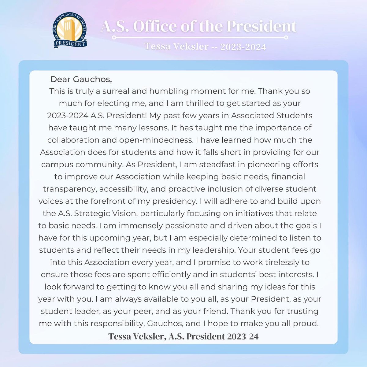 ucsbpresident's tweet photo. We’d like to welcome Tessa Veksler (she/hers) as the newly sworn in A.S. President for the 2023-24 school year. She is an incoming Political Science and Communication double major. Swipe to learn more about your new president!
—
Reach out through email at: president@as.ucsb.edu https://t.co/ySCnZGDUKX