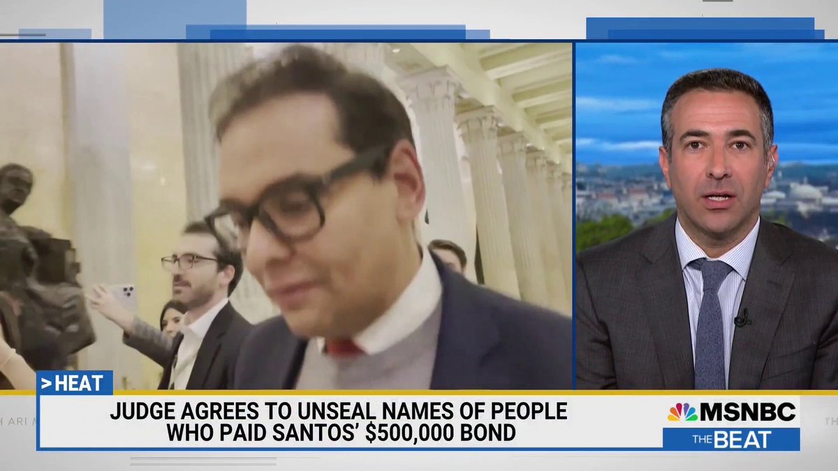 TheBeatWithAri's tweet photo. A federal judge agreed to unseal the names of the people who cosigned Rep. George Santos’ bond in his criminal fraud case. https://t.co/j8DZMdG150