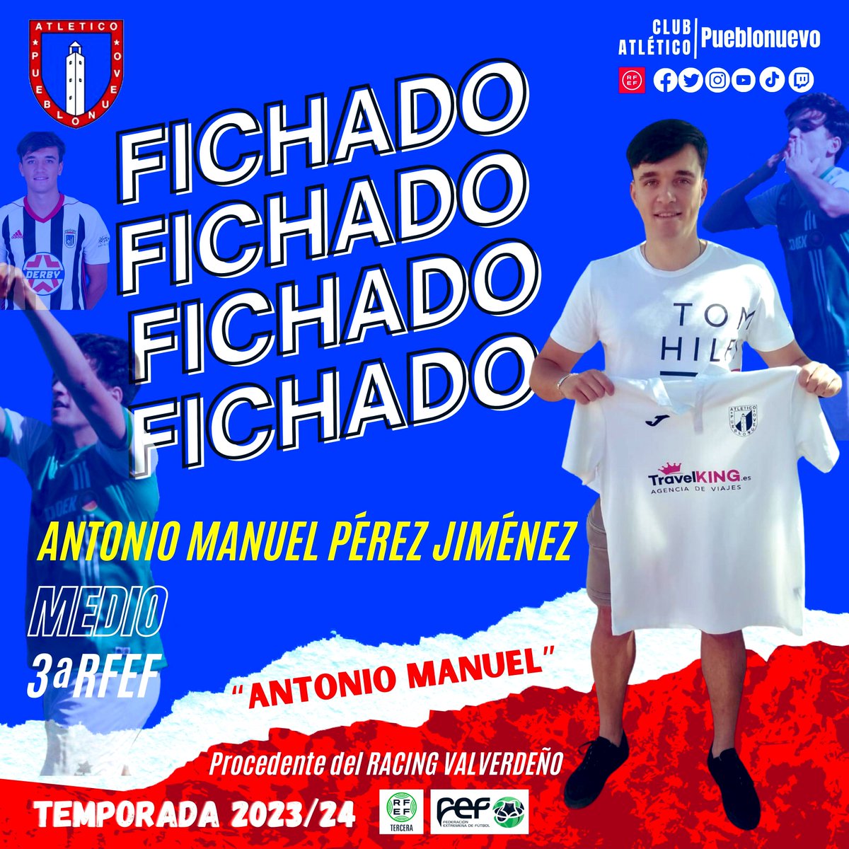 ✍️ 𝐅𝐈𝐂𝐇𝐀𝐉𝐄 𝟐𝟎𝟐𝟑/𝟐𝟒 🤝
#3ªRFEF🔴🔵

✅𝑨𝒏𝒕𝒐𝒏𝒊𝒐 𝑴𝒂𝒏𝒖𝒆𝒍 𝑷é𝒓𝒆𝒛 𝑱𝒊𝒎é𝒏𝒆𝒛 Jugador polivalente con ganas de recuperar la ilusión de jugar.

➡️Medio procedente RACING VALVERDEÑO

👉Bienvenido y Mucha Suerte <a href="/antoniompj_8/">Antonio Manuel Perez Jiménez</a> 💪

#TodosAlRojo 🟥🟦 #AupaAtleti