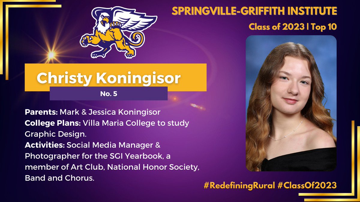 SpringvilleGrif's tweet photo. We are counting down to graduation! We continue our celebration of the SGI Class of 2023 Top 10 with No. 5, Christy Koningisor, daughter of Mark and Jessica Koningisor. Christy will attend Villa Maria College to study Graphic Design.
#RedefiningRural #SGIStrong #ClassOf2023 https://t.co/8gd8rEEQov