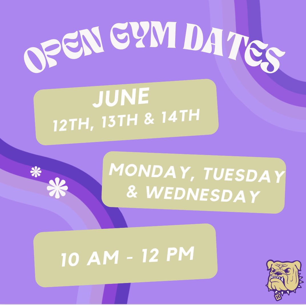 Who is ready for first open gyms of the summer, here are the dates and times for next week, can't wait to see everyone! GO DAWGS