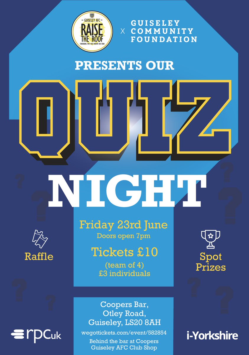Guiseley AFC (@guiseleyafc) on Twitter photo 🦁 | Tickets are still available for <a href="/RaiseGAFCRoof/">Raise The Roof Guiseley AFC</a>'s Quiz Night later this month!
Buy online today: wegottickets.com/event/582854/
#GAFC #GuiseleyTogether 🦁 | Tickets are still available for <a href="/RaiseGAFCRoof/">Raise The Roof Guiseley AFC</a>'s Quiz Night later this month!
Buy online today: wegottickets.com/event/582854/
#GAFC #GuiseleyTogether