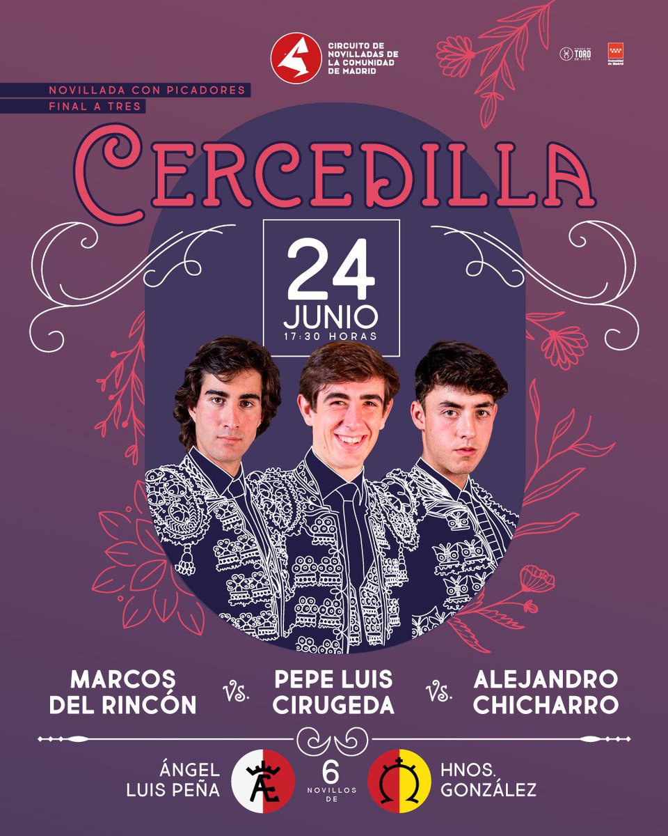 CircuitoCMadrid's tweet photo. 𝗕𝗢𝗢𝗠💥 @marcosdlrincon @PepeLuiCirugeda y @ACHICHARRO_ lidiarán los novillos de Ángel Luis Peña y Hnos  González 🐂 

👉 Llega la primera final del Circuito de Madrid, ¿Te lo vas a perder? 

🗓️ 24 de junio en Cercedilla 📍 https://t.co/JVYEJxRpWq