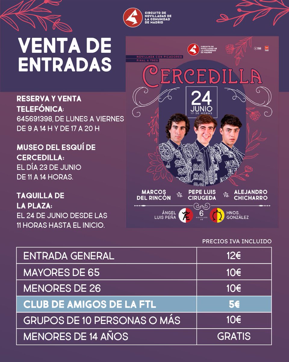 CircuitoCMadrid's tweet photo. 𝗕𝗢𝗢𝗠💥 @marcosdlrincon @PepeLuiCirugeda y @ACHICHARRO_ lidiarán los novillos de Ángel Luis Peña y Hnos  González 🐂 

👉 Llega la primera final del Circuito de Madrid, ¿Te lo vas a perder? 

🗓️ 24 de junio en Cercedilla 📍 https://t.co/JVYEJxRpWq