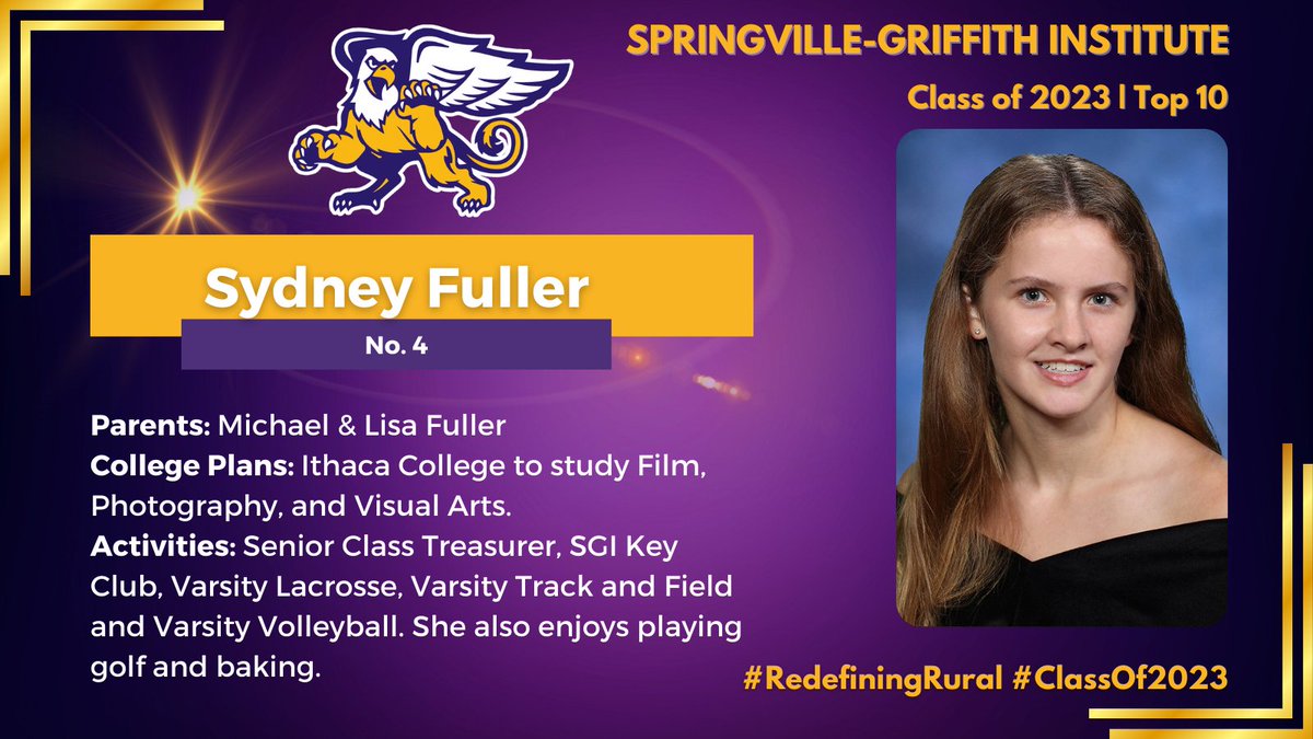 SpringvilleGrif's tweet photo. We are counting down to graduation! We continue our celebration of the SGI Class of 2023 Top 10 with No. 4, Sydney Fuller, daughter of Michael and Lisa Fuller. Sydney will attend Ithaca College to study Film, Photography and Visual Arts.
#RedefiningRural #SGIStrong #ClassOf2023 https://t.co/J5lKtqKotZ