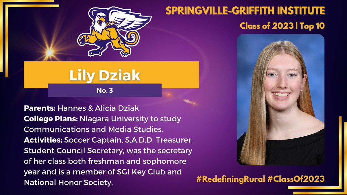 SpringvilleGrif's tweet photo. We are counting down to graduation! We continue our celebration of the SGI Class of 2023 Top 10 with No. 3, Lily Dziak, daughter of Hannes and Alicia Dziak. Lily will attend Niagara University to study Communications and Media Studies.
#RedefiningRural #SGIStrong #ClassOf2023 https://t.co/WxbsXOJPiZ
