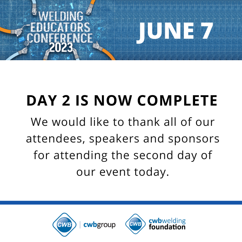 cwbgroupwelding's tweet photo. Day 2 of our #EducatorsConference is now complete. We would like to thank all of our attendees, speakers and sponsors for attending the second day of our event today. https://t.co/PRTeQzzMM9