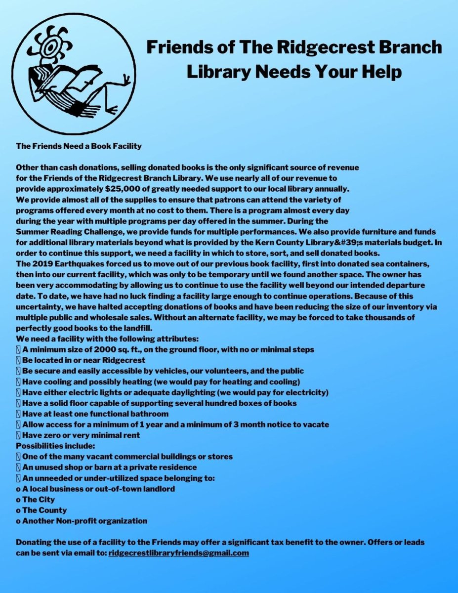 LocalEdgeAds's tweet image. PSA!!  Can you help the Friends of the Ridgecrest Branch Library??
#smalltown #letshelp #wonderfulorganization