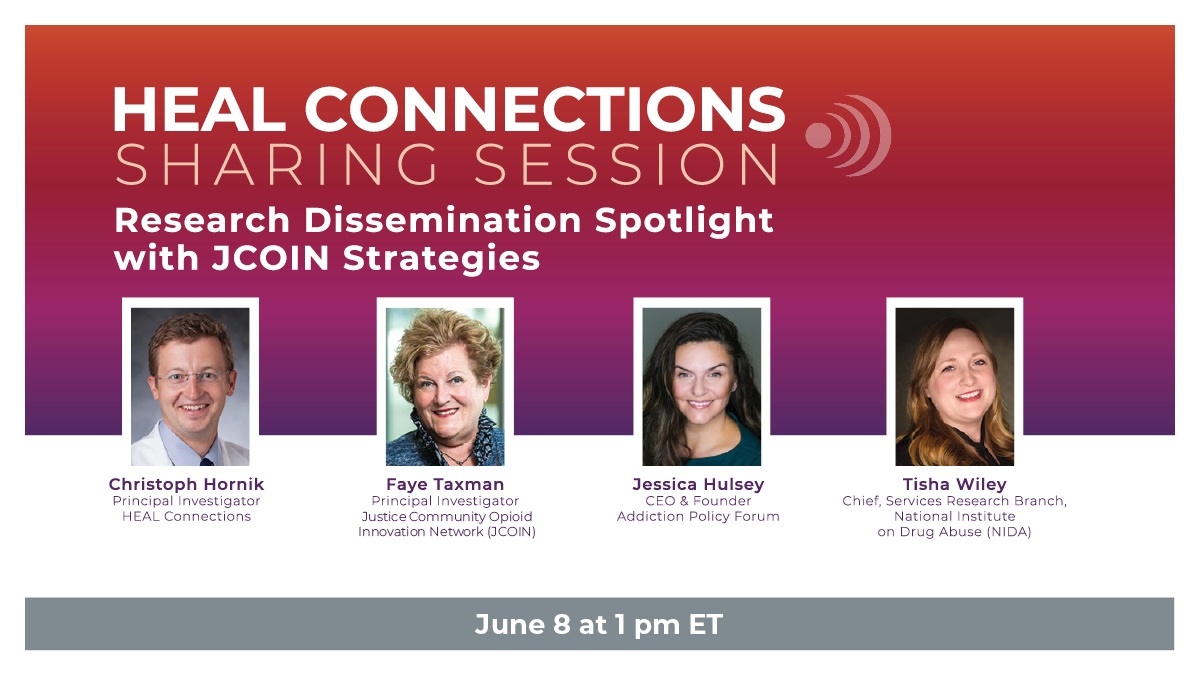 Join us tomorrow! The inaugural #HEALConnections Sharing Session spotlighting dissemination strategies from <a href="/jcoinctc/">Justice Community Opioid Innovation Network</a> is just one day away. If you want to take your research beyond academic journals and into practice, this event is for you! REGISTER: bit.ly/JCOINSharing