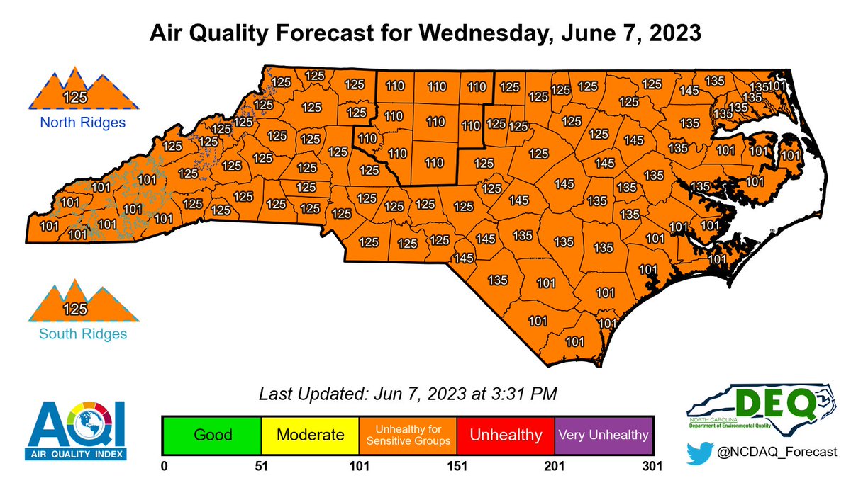 NCDAQ_Forecast's tweet image. FORECAST UPDATE (Wednesday, 6/7/23): Good news! After overnight and early morning values in the Code Orange and Red range, particle pollution (PM2.5) levels have lowered significantly.

We now project daily average PM2.5 values will be Code Orange and have cancelled all Code Red.