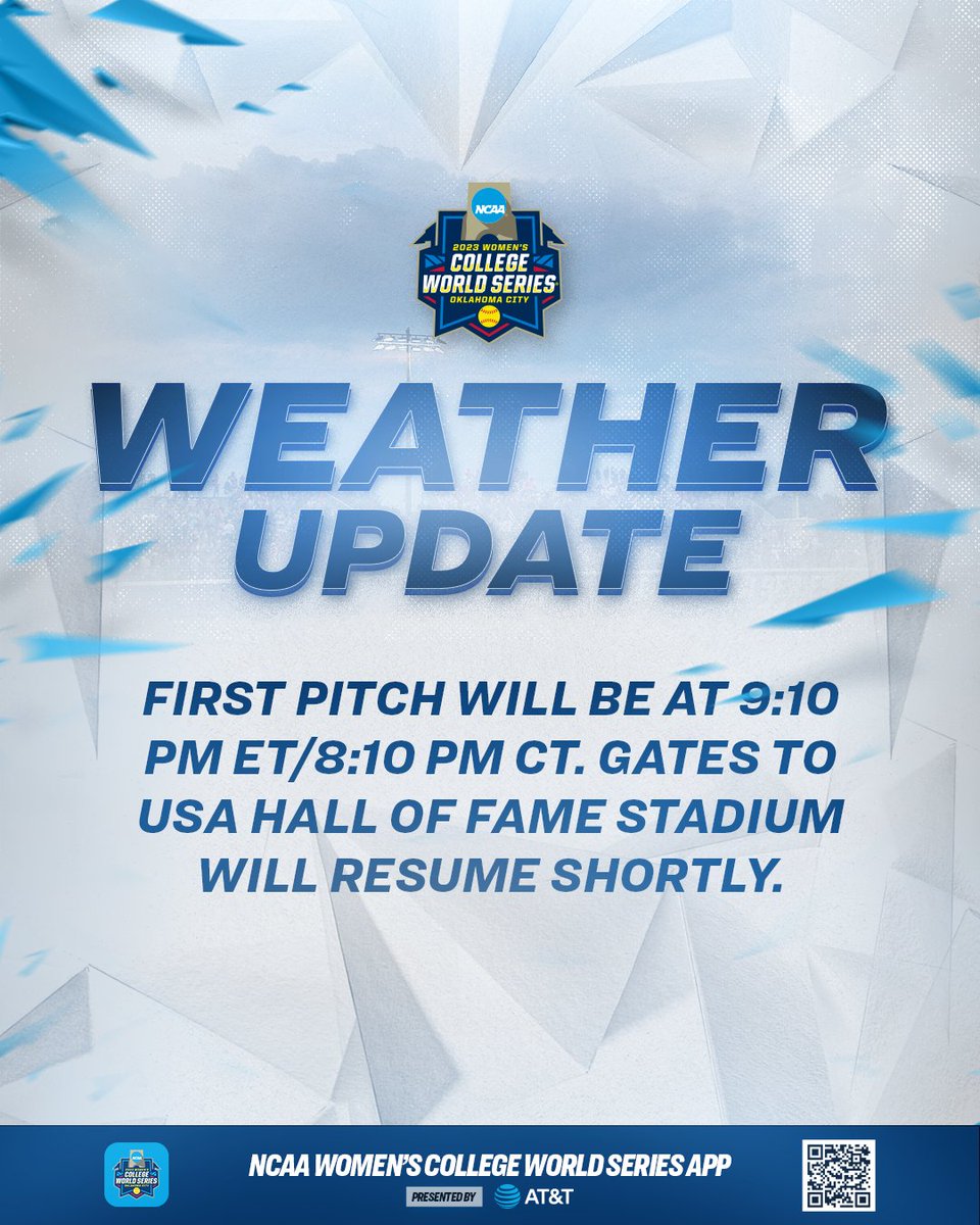 NCAASoftball's tweet photo. First pitch will be 9:10 PM ET. Gates to @USASoftball Hall of Fame Stadium will reopen shortly.

#WCWS https://t.co/dUf0qTpHWk