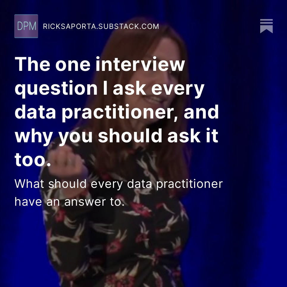 RickSaporta's tweet photo. The one data interview question I ask everyone, and why you should ask it too.

https://t.co/1XE2blRawU 

#Interviewing #DataJobs #DataScience #Data #ProductManagement #dataPM #dataproductmangement https://t.co/OfDVVV06XV