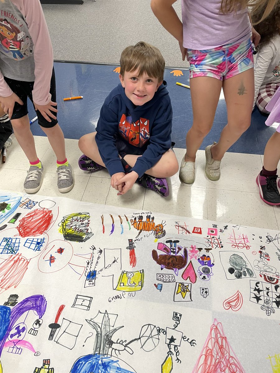 S for Sidewalk Chalk Art - We had to stay indoors today so we improvised! Hallway drawing it was! Students worked together to make beautiful and creative art! #firstgradeROCKS #JTPS