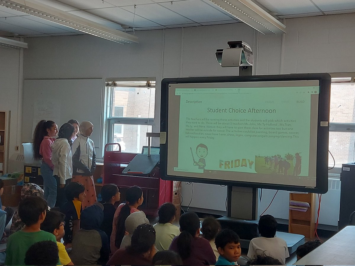 Presenting our @IThinkTogether #realworldchallenge solutions to @mikkihymus and @k_cadeau. How can we (re)build community at @TDSB_Grenoble. Playday? Wonderland? Student choice afternoons? Cultural day? Using the #integrativethinkingmodel, our Ss came up with plenty of solutions!