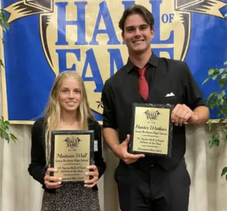 2023 Ventura County Athletes of the Year. 
Madison Wall (softball) and Hunter Watkins (baseball) were honored as the Grace Brethren High Female and Male Athletes of the Year at the Ventura County Sports Hall of Fame induction dinner at the Serra Center on May 28 in Camarillo.