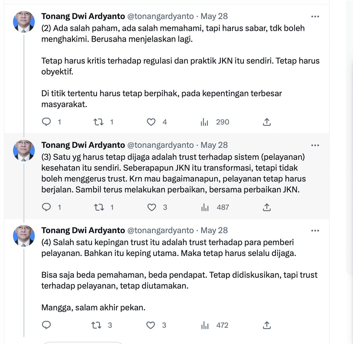 Di medsos, apalagi twitter, mmg hrs siap beragam tanggapan. Beda pendapat justru alami.

Ditentang, dipuji, dibully, itu ujian. Jawabannya: integritas. Boleh salah, tapi obyektif dan siap dikoreksi.

Jangan menghakimi.

Tetap jaga trust publik.

Mangga (dr sedikit pengalaman)