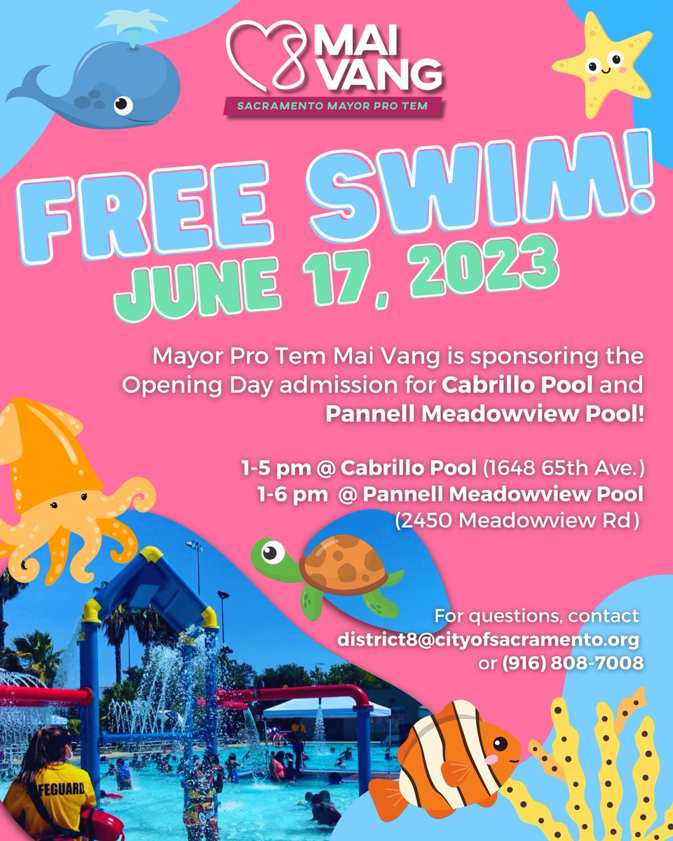 CMMaiVang's tweet image. Make a Splash this Summer with Mayor Pro Tem Mai Vang! 🌊🐬🌊 Join us for Opening Day on Saturday, June 17th, at Cabrillo Pool and Pannell Meadowview Pool. Enjoy Free Admission and Unforgettable Aquatic Adventures! 🏖️

#HeartAndHustle #SouthSac #FreeSwim!