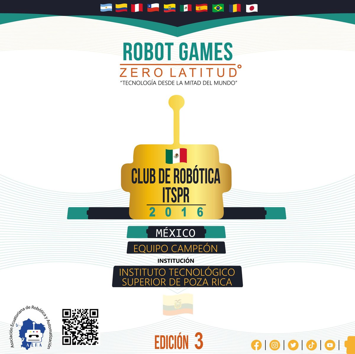 RGZLecuador's tweet photo. 🏆 EQUIPO CAMPEÓN 🏆
Equipo: CLUB DE ROBÓTICA ITSPR
Institución: Instituto Tecnológico Superior de Poza Rica
País: México
ROBOT GAMES ZERO LATITUD 2⃣0⃣1️⃣6️⃣
🇦🇷🇨🇴🇵🇪🇨🇱🇪🇨🇲🇽🇪🇦🇧🇷🇦🇩🇯🇵
➡ #RGZL3 🏆🥇 #RobotGamesZeroLatitud
AERA
"Tecnología desde la mitad del mundo"
🤖 🇪🇨 https://t.co/7nsA2ayruQ