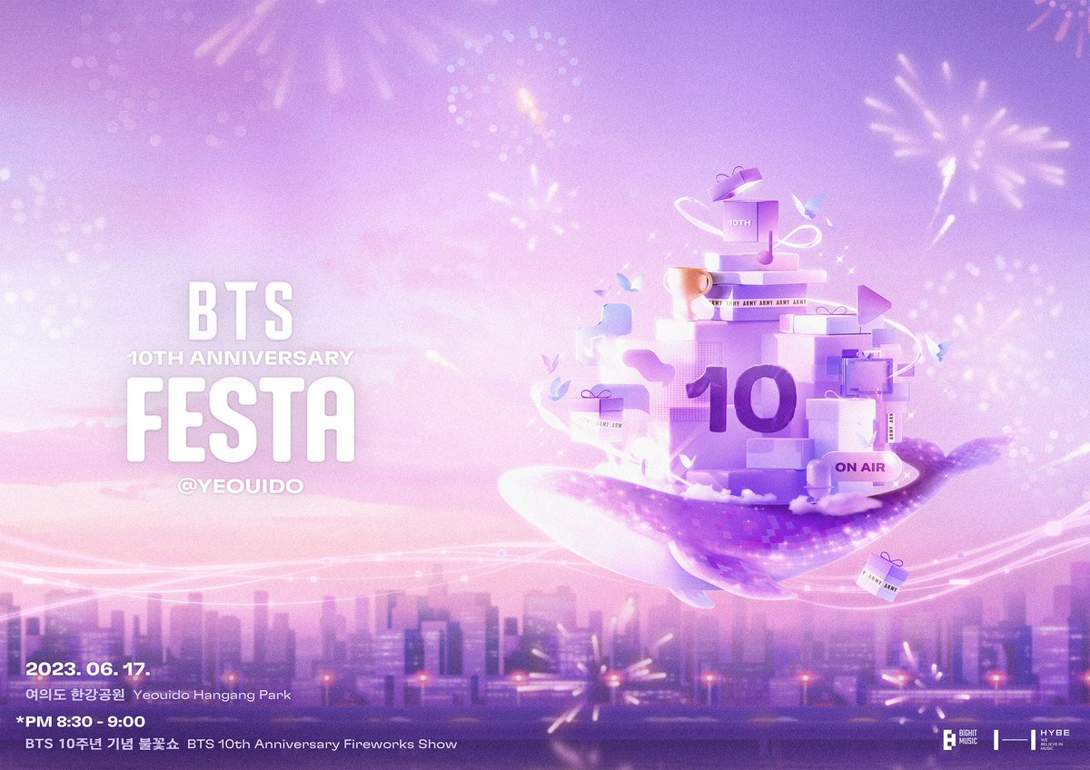 BTS 10th Anniversary FESTA @ 여의도(Yeouido) Official Poster

방탄소년단 데뷔 10주년을 기념하여
펼쳐지는 다채로운 이벤트가 가득한 페스티벌
6월 17일 토요일, 여의도 한강공원에서 만나요💜

#2023BTSFESTA #BTS10thAnniversary
#2023BTSFESTAat여의도 #2023BTSFESTAatYeouido