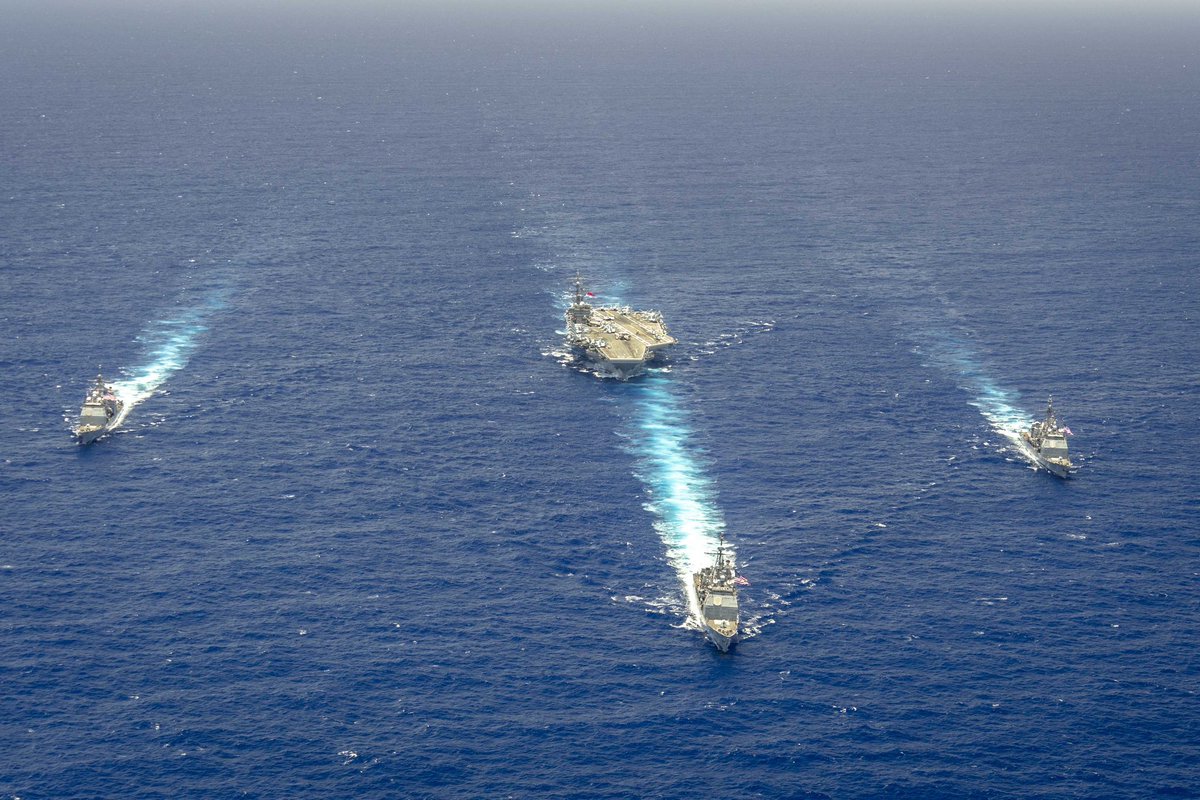 Ronald Reagan and USS Antietam (CG 54), USS Robert Smalls (CG 62), and USS Shiloh (CG 67) steam in formation in the Philippine Sea. #FreeAndOpenIndoPacific #SeaPower #StrategicDeterrence 📸: MC1 Markus Castaneda and MC3 Heather McGee