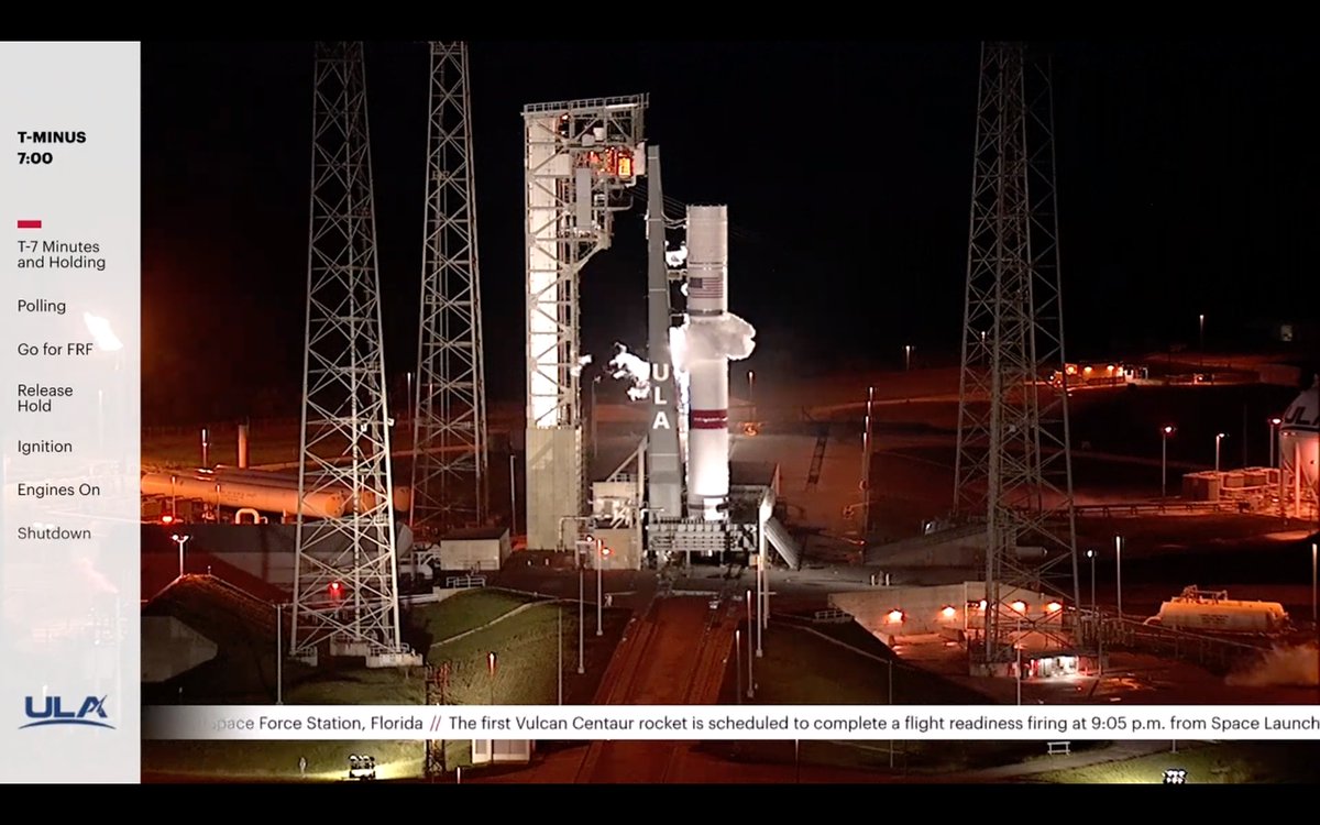 ulalaunch's tweet photo. #VulcanRocket control teams and ULA leadership in Denver and Cape Canaveral have voiced unanimous readiness to proceed with FRF! We are targeting a 9:05pmEDT (0105 UTC) ignition time for America's new rocket! Watch live: https://t.co/WhedmKhWQj https://t.co/bnY0Zg9fDy