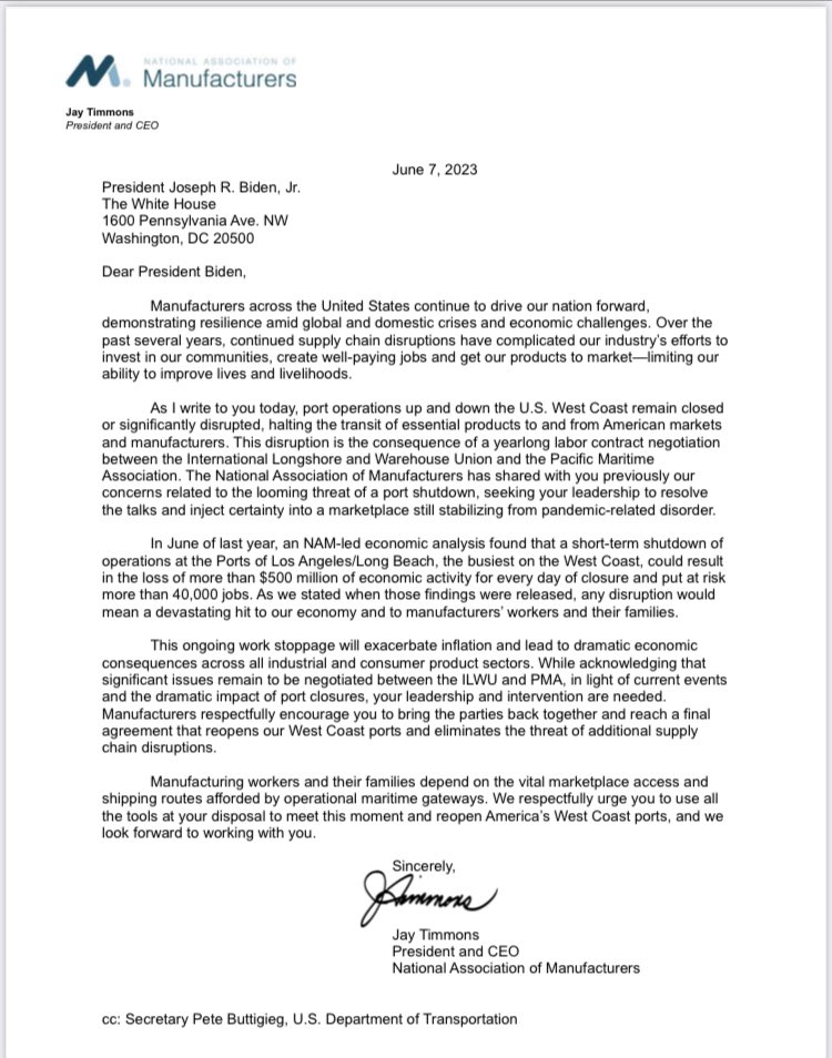 loriannlarocco's tweet photo. EXCLUSIVE TRADE ALERT- National Association of Manufacturers - @ShopFloorNAM sent letter to POTUS and Secretary Buttigeg tonight urging action on the West Coast Ports #ports #ilwu https://t.co/YRQ7F21qs3