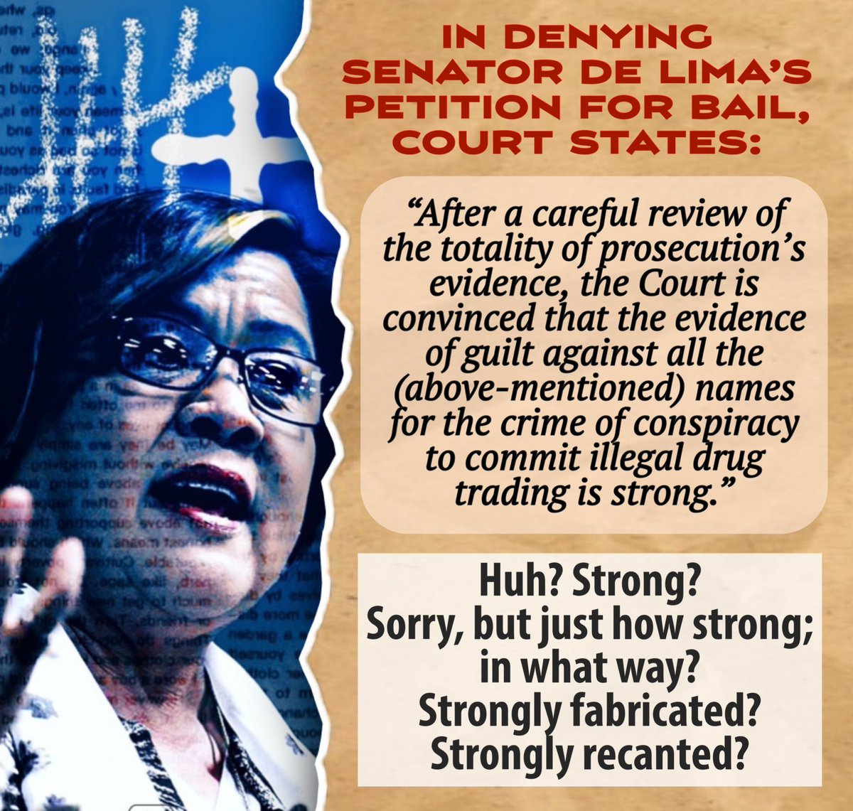 joel_gregorio's tweet photo. Honorable Court, or whatever your name is, don’t you think this is grossly misleading? The burden to present that “strong evidence” is now on DOJ. The public is keenly interested to see or hear ‘em out
#FreeLeilaNow” #FreeDeLimaNow https://t.co/bYyRPAvOkF