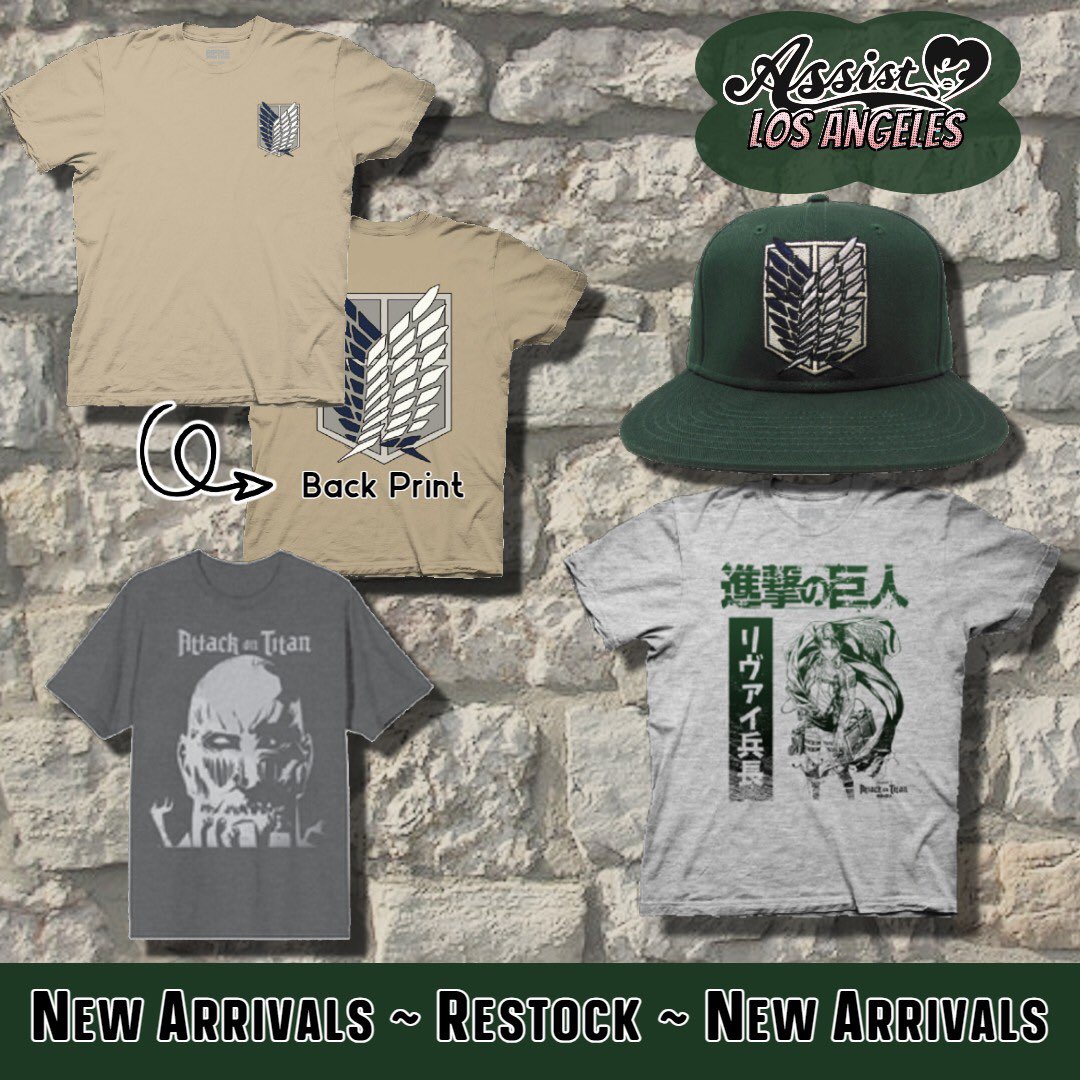 AssistWig's tweet photo. New and restocked Attack on Titan shirts have arrived at Assist LA! 

Shirts and hats showing off the scouting regiment crest as well as one with this captain himself! 

Pick them up in store or online today. 

https://t.co/CCX5GwgW7S https://t.co/6ln96oQs8j