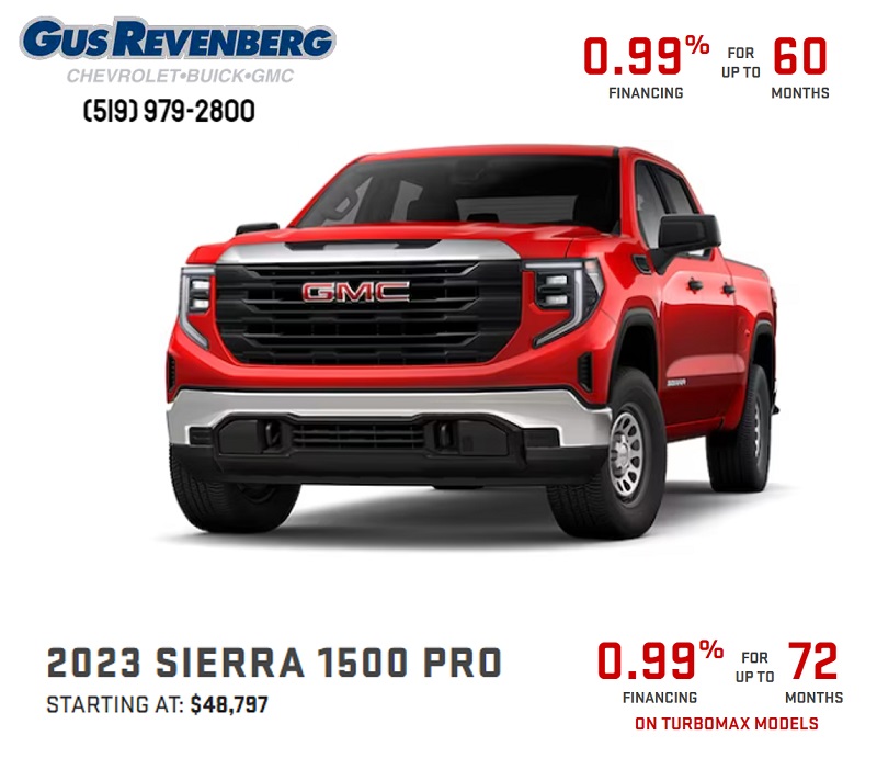 Finance the 2023 GMC Sierra 1500 for 0.99% up to 60 months or the 1500 PRO up to 72 momths!
bit.ly/42xAtS2