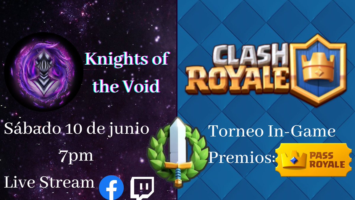 🏆Torneo in-game de Clash Royale, este sábado 10 de junio a las 7pm. Premios para los top 3 de pass royale! No te lo pierdas por: facebook.com/KnightsVoid?mi…
Código en el stream. 👀

¡Entrada completamente gratuita! 
#ClashRoyale #tournament