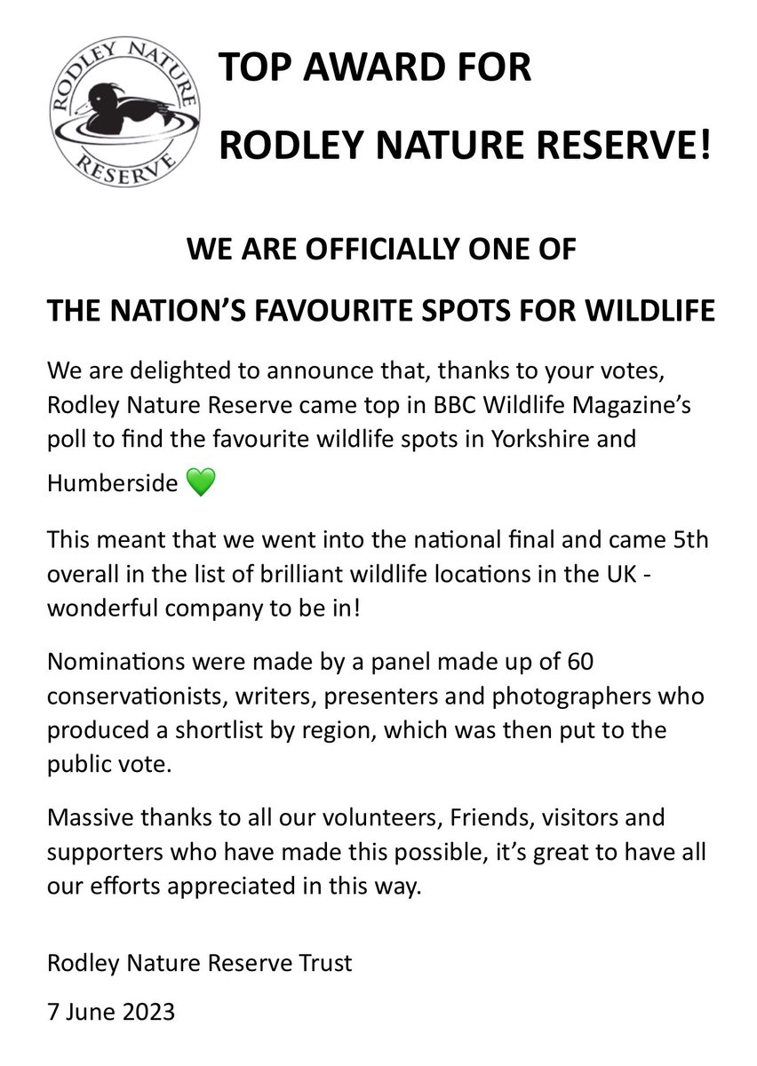 RodleyNR's tweet photo. Fantastic news to share - thanks to your support and the wonderful @WildlifeMag! #naturereserve #leeds #yorkshire #wildlife #wildlifespot #rodley #birds #nature #award #lovenature https://t.co/8PbMJ0EUrd